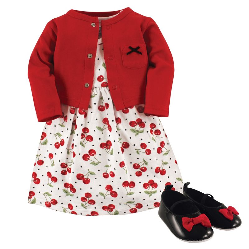 Hudson Baby Infant Girl Cotton Dress, Cardigan and Shoe 3pc Set, Cherries, 1 of 4