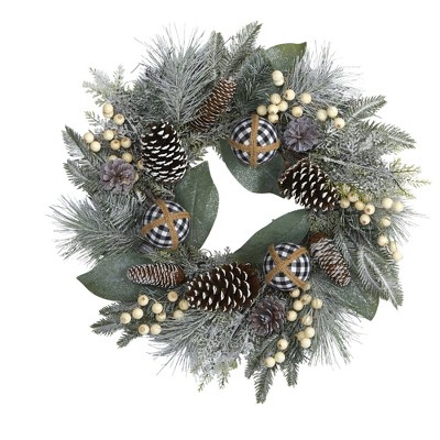 Nearly Natural 24” Snow Tipped Holiday Artificial Wreath with Berries, Pine Cones and Ornaments