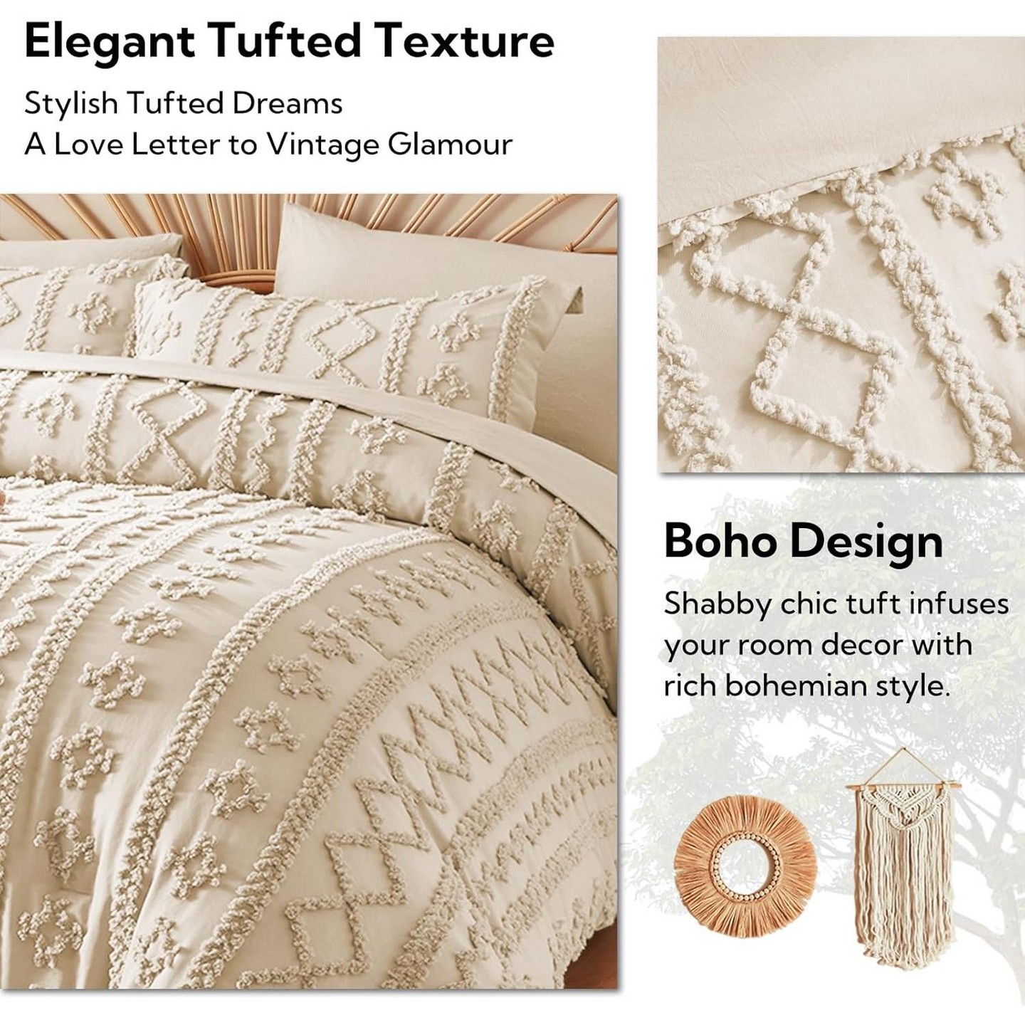 Постельное бельё Der Rose Balham TRADE-Queen Comforter Set Tufted Boho Farmhouse 7 Piece Bed in a Bag for All Seasons Beige-Queen, цвет: Бежевый — фото 5