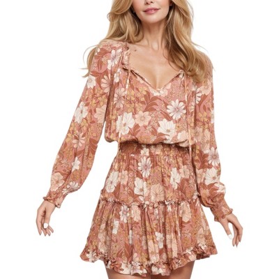 Amaryllis Women's Floral Print Smocked Waist Mini Dress Long Puff Sleeves Ruffle Hem V-Neck Flowy Casual Boho Style