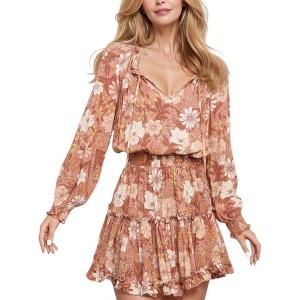 Amaryllis Women's Floral Print Smocked Waist Mini Dress Long Puff Sleeves Ruffle Hem V-Neck Flowy Casual Boho Style - 1 of 4