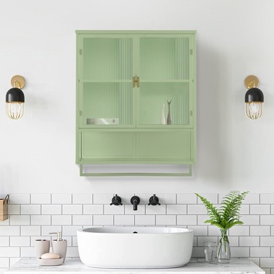 DOMETOUR 23.62" Glass Doors Modern Two-door Wall Cabinet with Open Shelf and Towel Rack for Entryway Living Room Bathroom Dining Room