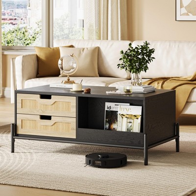 Mid Century Modern Coffee Table, Coffee Tables with Open Storage Shelf, LED Lights, 4 Drawers