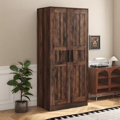 TiramisuBest 2-Door Wooden Wardrobe Armoire with LED and 4 Storage Shelves