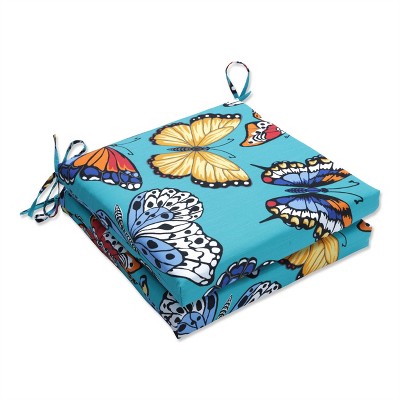 Pillow Perfect Set of 2 20" x 20" Butterfly Garden Outdoor/Indoor Squared Corners Seat Cushions Turquoise