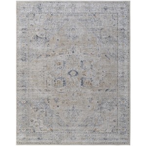 Ivory Taupe and Blue Oriental Power Loom Worn Faded Area Rug With Fringe - 1 of 4