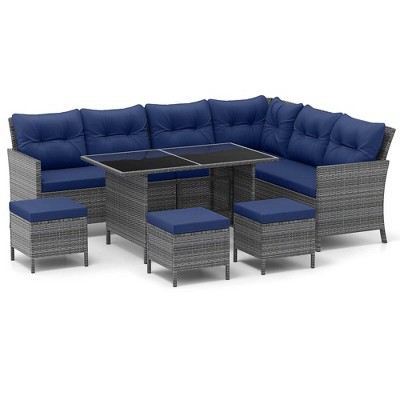 Tangkula Set of 7 Dining Furniture Set PE Rattan Sectional Sofa Set Patio Navy