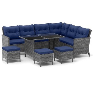 Tangkula Set of 7 Dining Furniture Set PE Rattan Sectional Sofa Set Patio Navy - 1 of 4