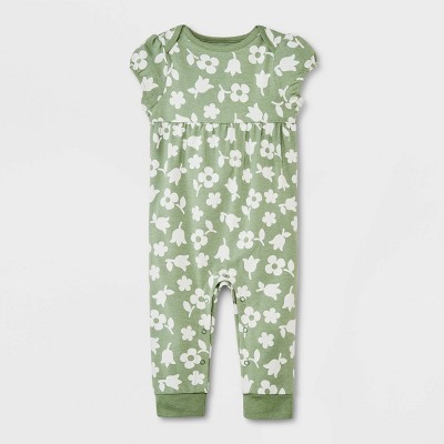 Image of Baby Girls' Floral Short Sleeve Romper - Cat & Jack™ Sage Green Newborn