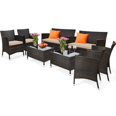 Tangkula 8PCS Patio Garden Rattan Furniture Set Coffee Table Cushioned Sofa Brown