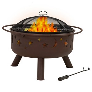 Sunnydaze Outdoor Camping or Backyard Round Cosmic Stars and Moons Fire Pit with Cooking Grill Grate, Spark Screen, and Log Poker - 30" - 1 of 4