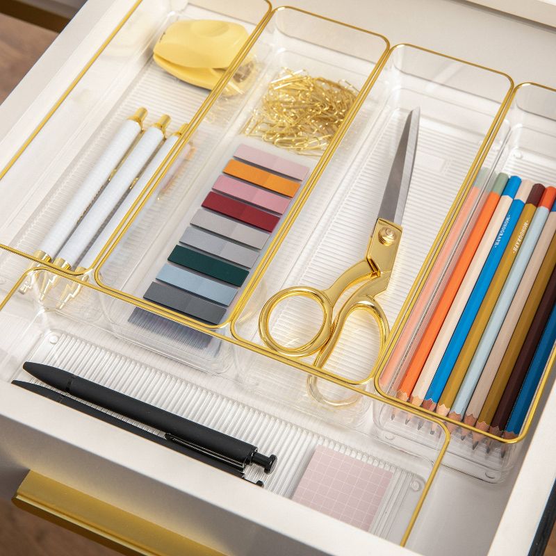 Martha Stewart 12&#34; x 3&#34; 6pc Plastic Stackable Office Desk Drawer Organizers with Gold Trim Clear, 5 of 11