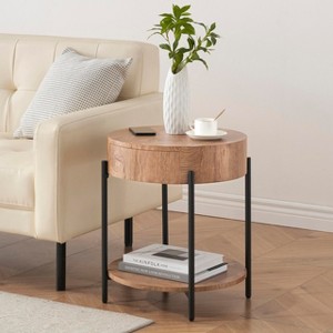 Round End Table with Drawer Farmhouse Side Table Wood Circle End Tables Small Bedside Table Metal Frame Nightstand - 1 of 4