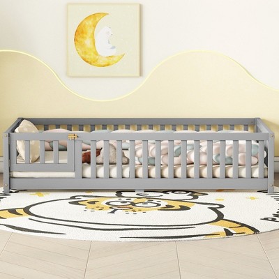 CAVINAS Twin Size Wood Montessori Bed,Modern Floor Bed with Safety Guardrails and Door,Toddler Bed for Bedroom