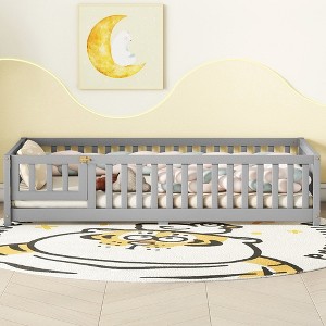 CAVINAS Twin Size Wood Montessori Bed,Modern Floor Bed with Safety Guardrails and Door,Toddler Bed for Bedroom - 1 of 4