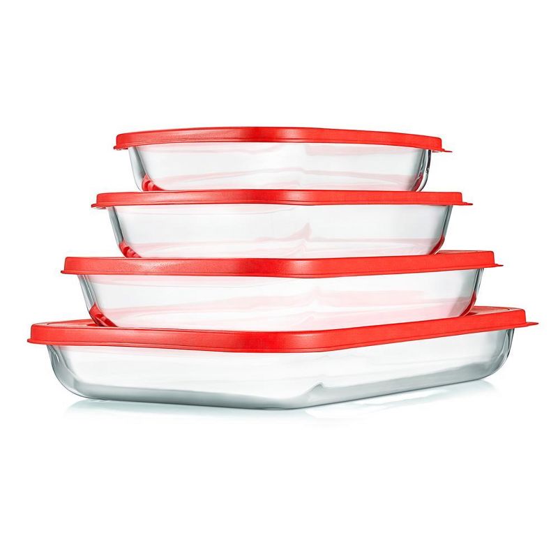 NutriChef 4 Sets of High Borosilicate Rectangular Glass Bakeware Set with PE Lid (Red), 1 of 8