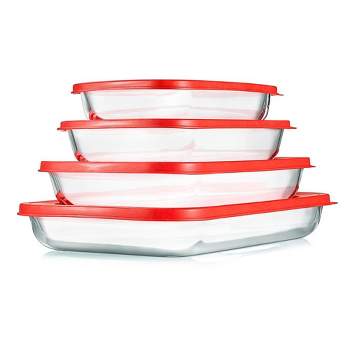 NutriChef 4 Sets of High Borosilicate Rectangular Glass Bakeware Set with PE Lid (Red)