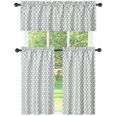 Kate Aurora White & Gray Moroccan Geometric Kitchen Curtain Tier & Valance Set - 56 in. W x 15 in. L, White/Gray