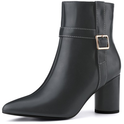 BLISSFUL STEP Women's Pointed Toe Block Chunky Heel Buckle Decor Ankle Boots