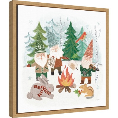 Woodland Gnomes Holiday Canvas Print with Natural Frame