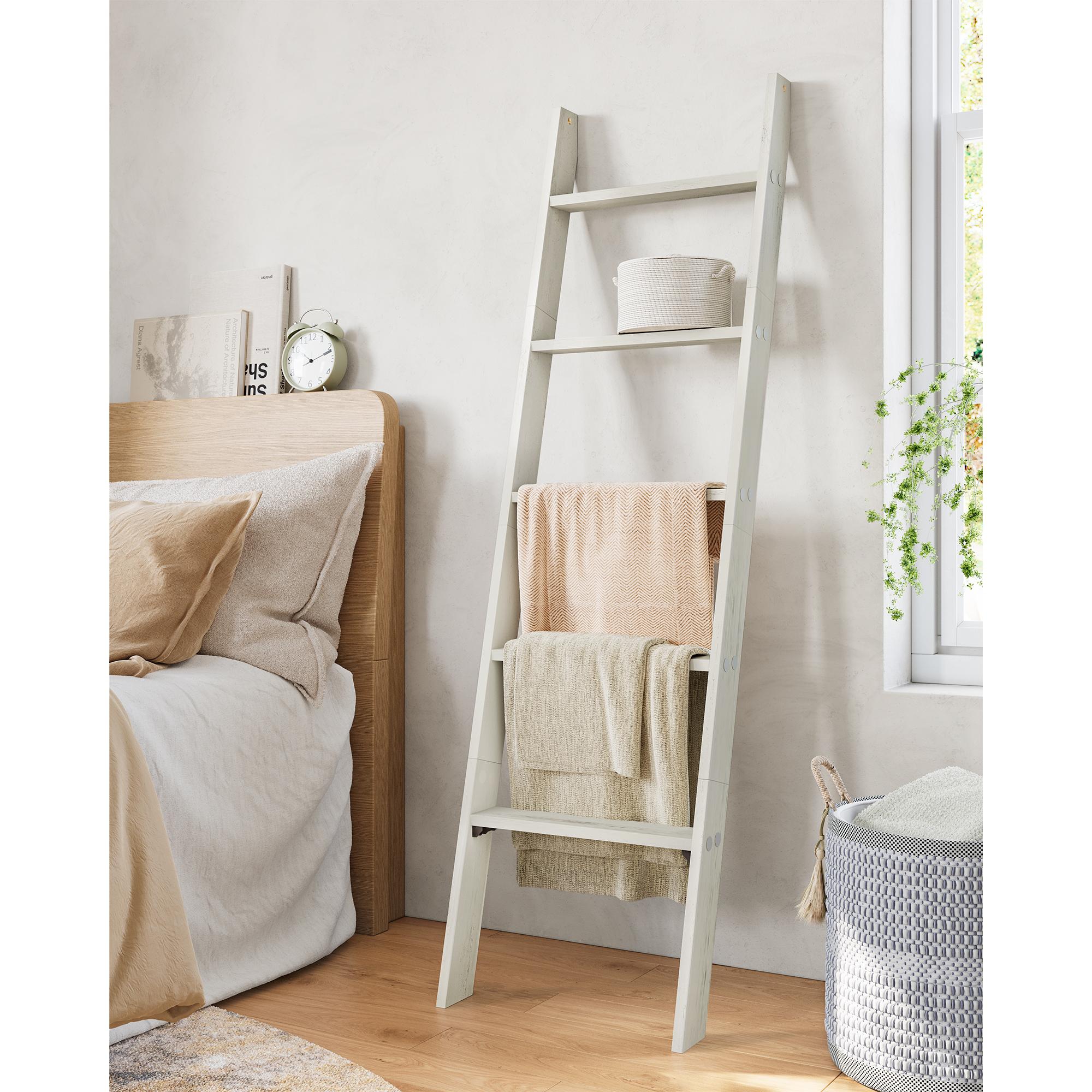 Blanket Ladder Decorative Farmhouse for The Living Room, 5-Tier Ladder Shelf, Ladder Rack for Storage and Decor, Rustic White