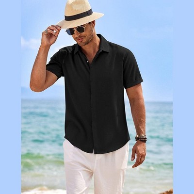 COOFANDY Men's Linen Short Sleeve Casual Button Down Beach Summer Wedding Shirt