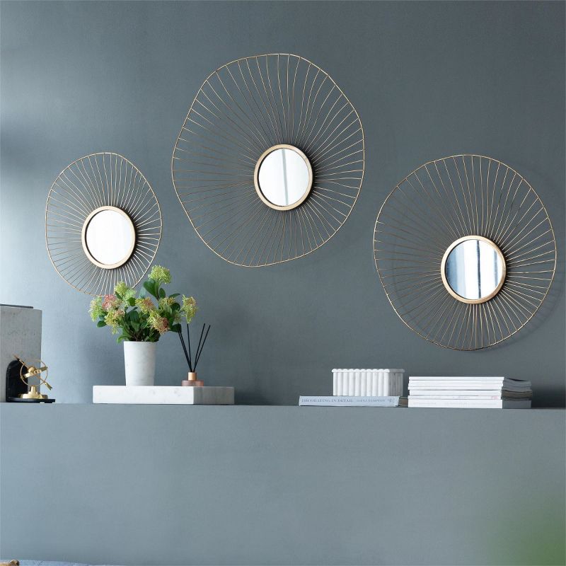 Set of 3 Wall Mirror Abstract designed Wall mirrors with Frame for Home & Office,Top of Sideboard L:26x5x25.5" M:22x3.5x22" S:18x2.5x18"-The Pop Home, 2 of 9