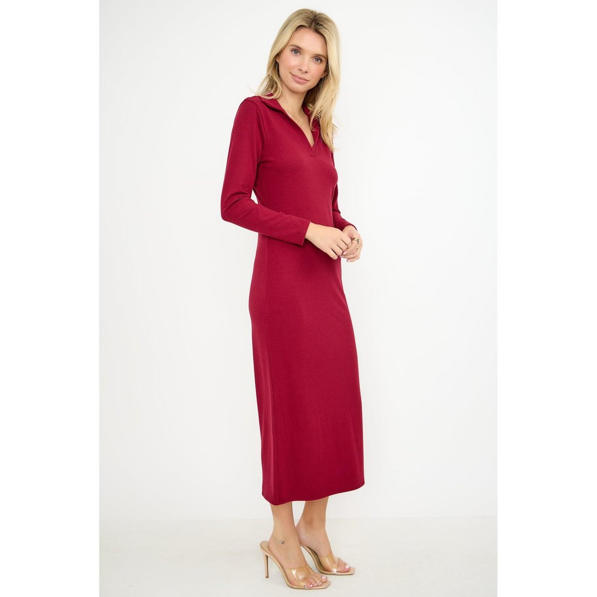 Женские платья West K Elena Ribbed Long Sleeve Collared Midi Dress - Small - Wine — фото 2
