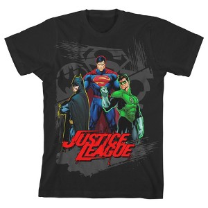 Justice League Superhero Trio and Logo Background Black T-shirt Toddler Boy to Youth Boy - 1 of 1