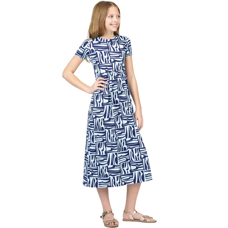24sevenkid Girls Short Sleeve Blue Geo Print Maxi Dress, 2 of 6