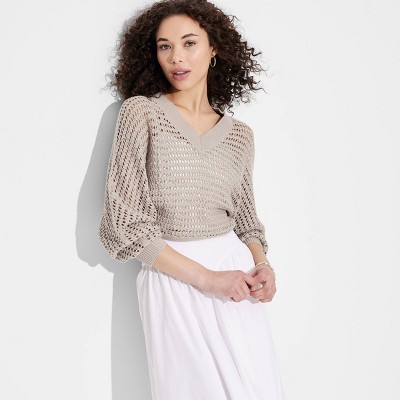 Women's V-Neck Open Work Pullover Sweater - Wild Fable™