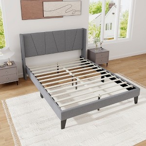 Tangkula Queen Size Upholstered Bed Frame w/ Elastic Pockets Mattress Foundation Gray - 1 of 4