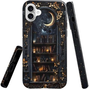 BONGEEK Generic Case Compatible with iPhone 16Plus,Scratch Resistant Hybrid 2-Layer Hard Shell Bright Phone Case,Vintage Dark Bookshelf Moon - 1 of 4