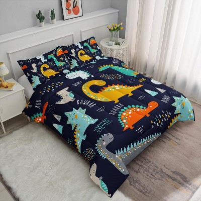 Boersma Cartoon Dinosaur Comforter Set Dark Blue Printed Bedding Set with 1 Comforter and 2 Pillowcases for Boys and Girls Bedroom All Season