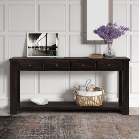 Rustic Pine Wood Console Table With Drawers And Open Shelf For Living ...