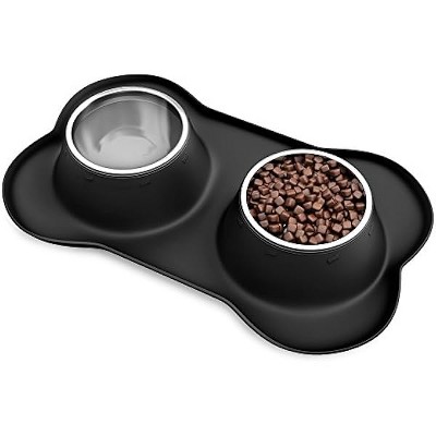 Stainless Steel Pet Bowls for Dogs and Cats- Set of 2 Dishes for Food and Water in Non Slip No Mess Silicone Tray- Bowls 24oz Each by PETMAKER -BLACK