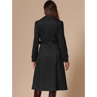 INSPIRE CHIC Women's Faux Suede Notched Lapel Double Breasted Belted Long Sleeve Trench Coat Medium Black — фото 3