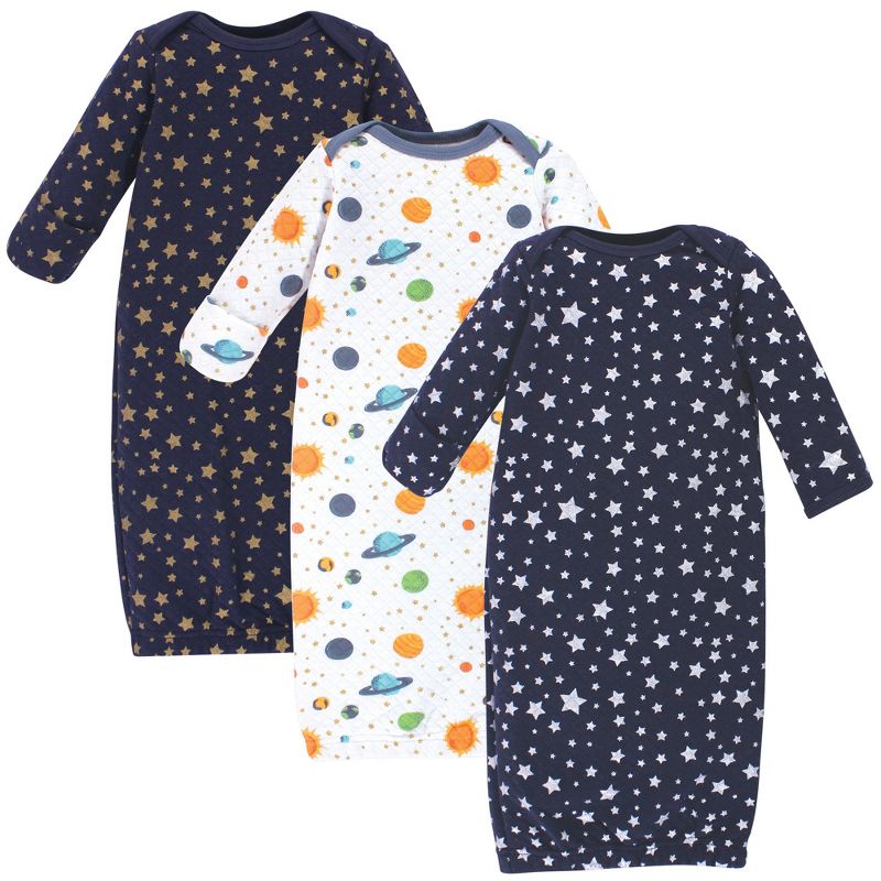 Hudson Baby Infant Quilted Cotton Long-Sleeve Gowns 3pk, Metallic Stars, 0-6 Months, 1 of 6