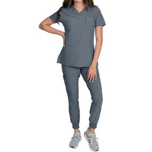 Medgear Fleur Women's Stretch Scrub Set with Zip Chest Pocket Top and Knit Rib Cuffs Jogger Pants, More Colors - 1 of 4