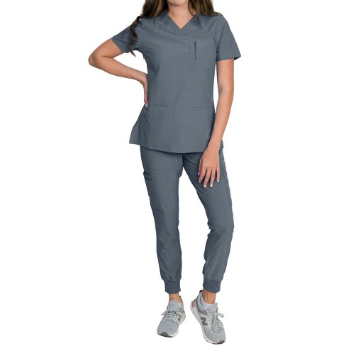 Medgear Fleur Women's Stretch Scrub Set with Zip Chest Pocket Top and Knit Rib Cuffs Jogger Pants, More Colors - image 1 of 4