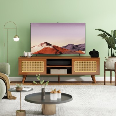 VYNXARIA Mid Century Modern Rattan TV Stand for 55/60/65 inch TV,Entertainment Cabinet, Media Console for Living Room Bedroom Media Room,Walnut