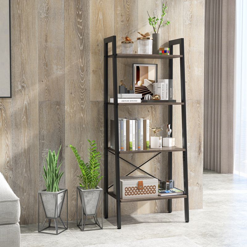 Tangkula 4-Tier Ladder Bookshelf Industrial Wooden Bookcase with Metal Frame Anti-Toppling Device Rack Rustic Brown/Gray Oak, 2 of 10