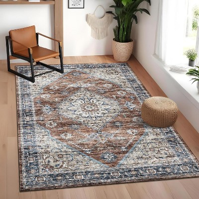 5x7 Washable Area Rug Vintage Floral Print Non Slip Thin Foldable Carpet for Living Room Bedroom Kitchen and Bathroom Traditional, Red