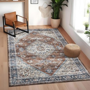 5x7 Washable Area Rug Vintage Floral Print Non Slip Thin Foldable Carpet for Living Room Bedroom Kitchen and Bathroom Traditional, Red - 1 of 4