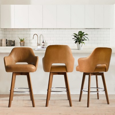 Faux Leather Counter Stool Set Of 3 Modern Upholstered Seat 360° Swivel With Backrest Footrest For Kitchen Or Bar-Tanpinhause