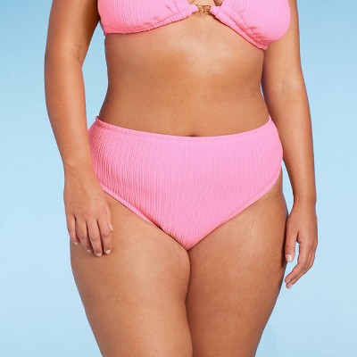 Women's Plisse Textured Mid Waist High Leg Cheeky Bikini Bottom - Wild Fable™ Pink