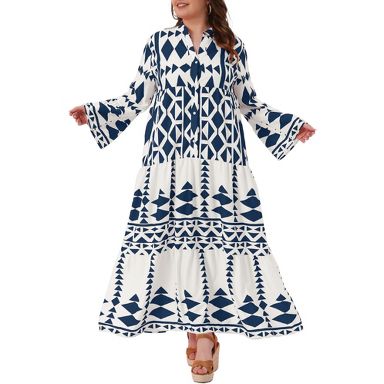 flowy bell sleeve dress Women's Plus Size Pattern Button V Neck Flared Tiered Elegant A Line Maxi pius size dress