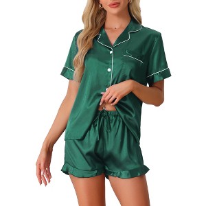 cheibear Women's Fashion Silky Satin Short Sleeve Top with Ruffle Hem Shorts Lounge Sets 2 Pcs - 1 of 4
