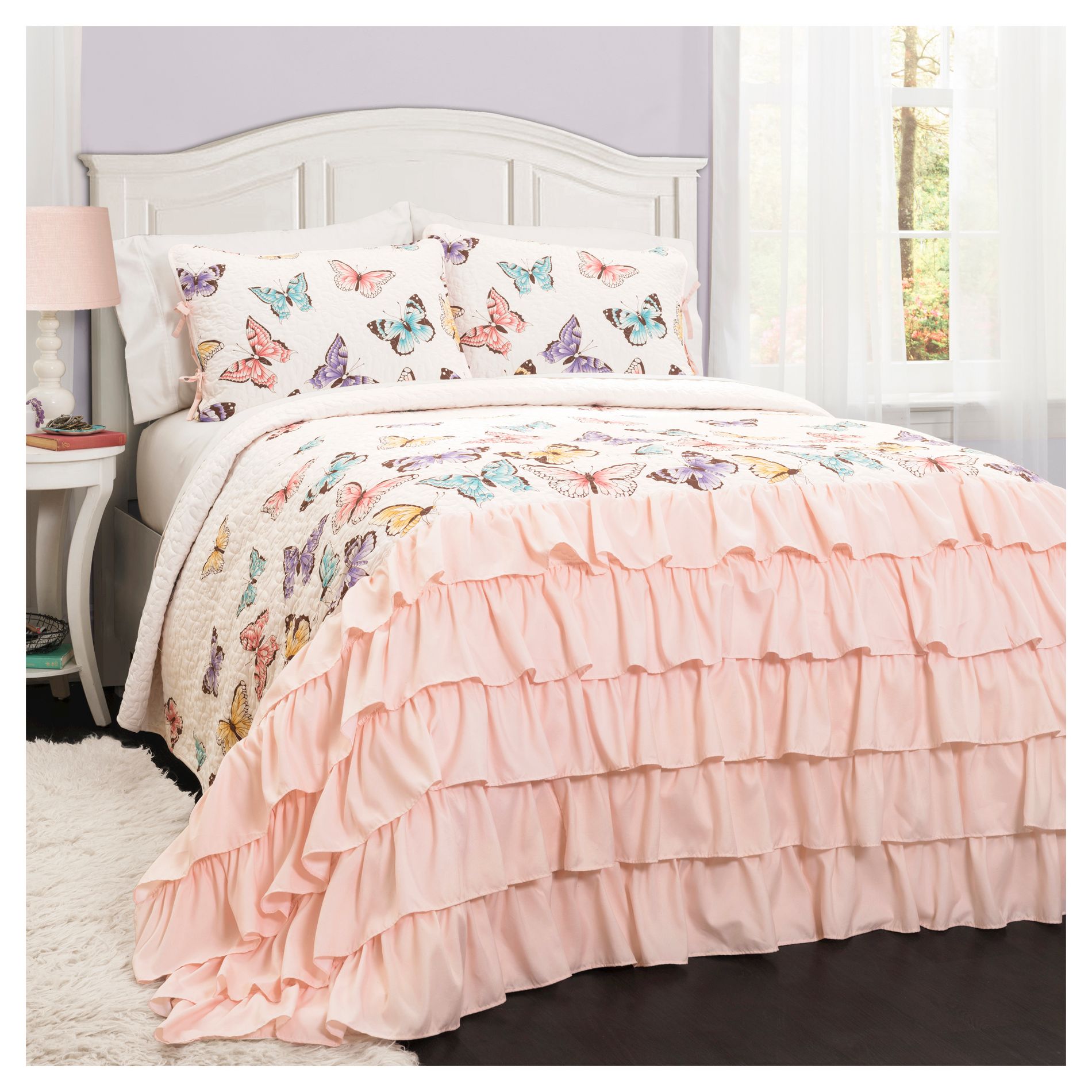 3pc Full/Queen Kids' Flutter Butterfly Quilt Set Pink - Lush Décor: Girls Toddler Bedding, Microfiber, Breathable