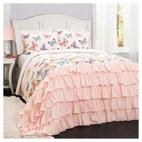 3pc Full/Queen Flutter Butterfly Quilt Set Pink - Lush Décor